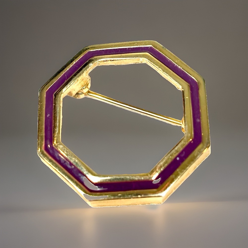 Vtg Gold Tone Purple Enamel Octagon Brooch Pin Open Geometric Scarf Slide Retro